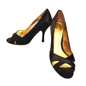 Enzo Angiolini Satin Peep Toe Pumps Crisscross Strap Leather Sole Womens 6.5M